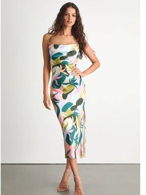 Lulus Midiana Multi Abstract Floral Tie- Back Side Slit Midi Dress NWT XS